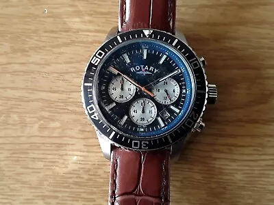 Men's Rotary Blue Chrono Quartz Watch Brown Leather Strap BNWB • £65