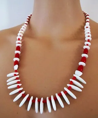 NECKLACE Genuine 1930's VINTAGE Red & White GLASS BEADS Collar Choker Depression • $29.95