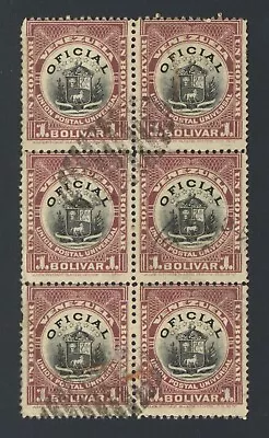 Venezuela Bob Stamps Sc# O5 Block Of 6 Fancy Cancel 1 Bolivar No Gum Used • $6