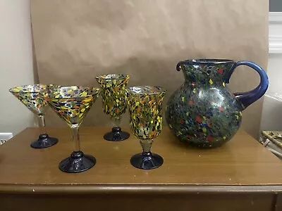 Hand Blown Mexican Art Glass Pitcher & 4 Glasses 2 Marg / 2 Water  • $56.25