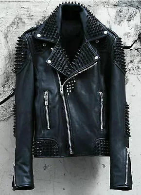 Men Full Punk Black Metal Spiked Studded Real Leather Biker Jacket With Pockets • $200