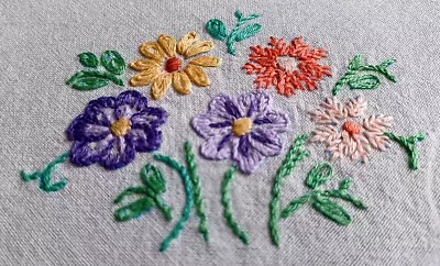 VINTAGE HAND EMBROIDERED TEA TABLECLOTH ~ PRETTY SPRING FLOWERS ~ 30  X 29  • $8.02