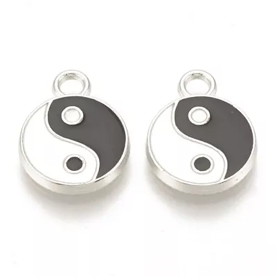 10 Round Yin  & Yang Silver Tone Charm Pendants With Black & White Enamel Detail • £4.25