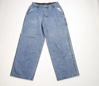 Vintage 90s Streetwear Mens 34x32 Distressed Baggy Fit Wide Leg Denim Jeans Blue • $79.96