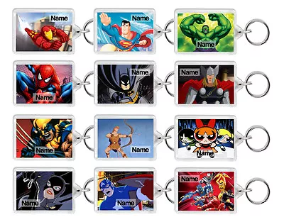 PERSONALISED TEXT TV CARTOON HERO KEYRING / BAG TAG - For All Ages! -Great Gifts • £3.49