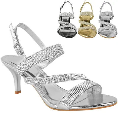 Womens Diamante Wedding Sandals Mid Heel Prom Bridal Comfy Glitter Shoes Size   • £9.99