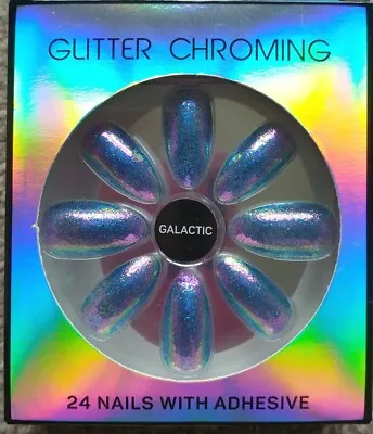 Fashion False Primark Pointed Glitter Chroming GALACTIC 24 Nails W/adhesive • £4.99