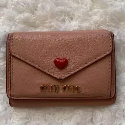 MIUMIU Women's Compact Trifold Wallet Madras Love Heart Letter Leather Pink • $122.55