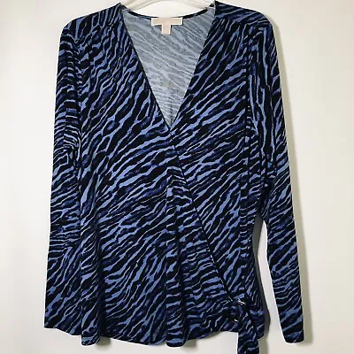 Michael Kors Blouse Size 1X Blue And Black Pullover Crossover Waist Tied Top • $19.99