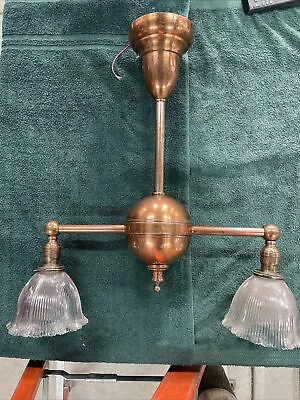 Antique Original Large Copper 2 Light Hanging Light Fixture W/ Holophane Shades • $360