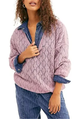 Free People Womens Small Top Purple Eyelet Alpaca Wool Blend V Neck Knit NWT • $18.37