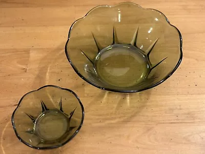 Vintage Avocado Green Glass Chip And Dip Set Anchor Hocking MCM Scalloped Edge • $18