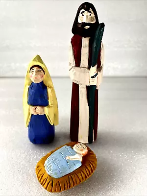 Nativity 3 Figures Mary Joseph Baby Jesus Birth Hand Painted Wooden Christmas • $15.50