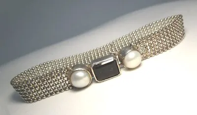 925 Sterling Silver Bracelet W Mabe Pearl And Topaz 11.5 Grams  7” X 3/8” • $68