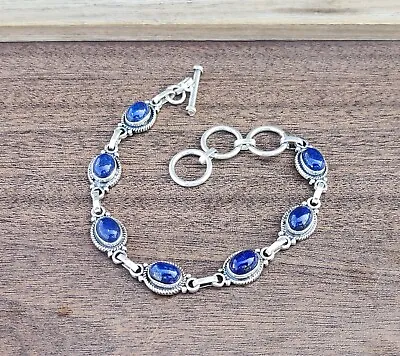 Lapis Lazuli Bracelet 925 Sterling Silver Oval Gemstone Bracelet Gift Him MO** • $15.50
