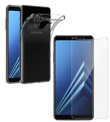 For SAMSUNG GALAXY A8 2018 TEMPERED GLASS SCREEN PROTECTOR + CLEAR TPU GEL CASE • £5.45