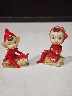 SET OF 2- Vintage Red Ceramic Pixie Elf Figurine Sitting On Stumps Japan Elve • $29.99