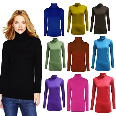 Ladies Long Sleeve Polo Neck Roll Neck Top Womens Turtle Neck Plain Jumper 8-26 • £5.49