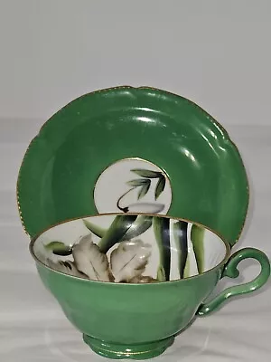 Vintage Wales China Tea Cup Saucer Set Green Floral Gold Gilt Japan ESTATE • $20.04