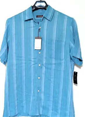 New Tasso Elba Island Collection Silk Blend Aqua Stripe Button Shirt Large NWT • $39.99