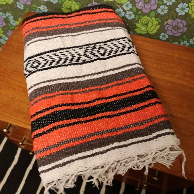 £22.99 • Buy Mexican Bright Orange Grey Woven Stripy Falsa Yoga Blanket / Throw
