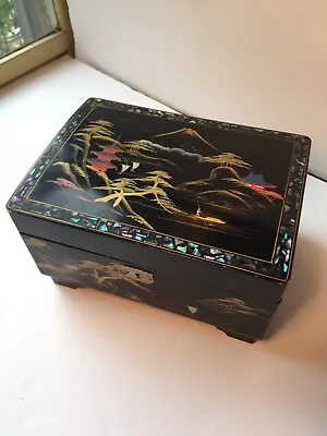 Vintage Handpainted Japan Music Box Lacquer Wood 8  Across Abalone Inlaid • $25