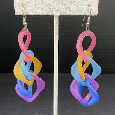 Vintage Hook Earrings Colorful Lucite Statement 3-3/8  Purple Pink Blue • $9.99