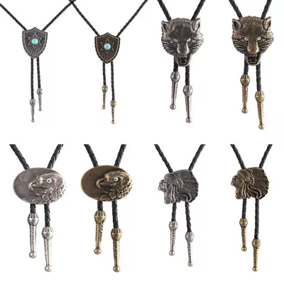 American Bolo Tie Cowboy Leather Necktie Western Bolo Tie Wolf Bolo Tie • £8.45