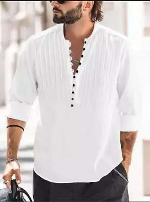 Men's Youth Fashion Buttons Pleated Linen Cotton Long Sleeves Casual Shirt  • $32.99