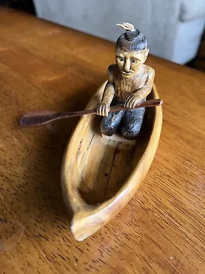 Vintage Carved Wooden Sculpture Indian Paddling Canoe Detail Figurine Native Man • $29.99