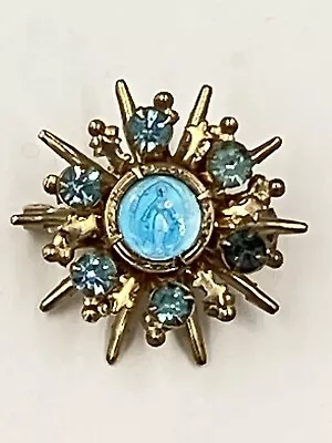 Vintage Gold Colored Virgin Mary Blue Rhinestones Lapel Pin Brooch • $15.30