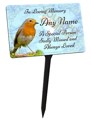 Personalised Memorial Plaque & Stake With Robin Graphic. Aluminium For Garden • £12.99