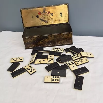 £38.95 • Buy Antique Dominoes Ebony Bone Set Of 28 Pinned With Metal Painted Card Box Old Tin