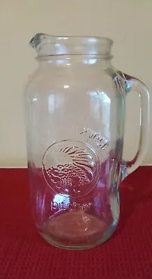 Vintage Golden Harvest 9  Tall Mason Jar Pitcher Handle Spout Clear Glass 64 Oz • $15.99