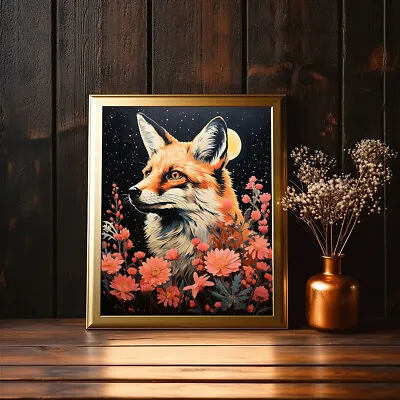 Mystical Fox At Night Print Celestial Floral Dark Wall Art • $8.70