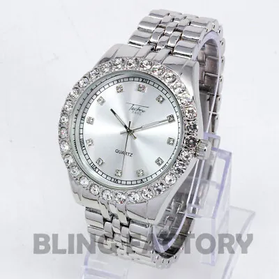 Luxury Hip Hop Lab Diamond Silver PT Bling Iced Metal Band Wrist Fashion Watch • $24.99