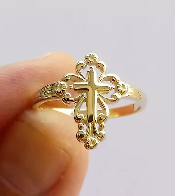 Real Solid 14K Yellow Gold Cross Ring Flower Design Christian Catholic Gift • $287