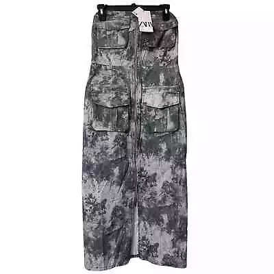 Zara Dress Womens Size Medium Gray Camouflage Cargo Strapless Zip Front NEW • $48.75