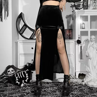£12.22 • Buy Gothic Black Split Skirts Sexy Vintage VelvetHigh Waist Bow Bodycon Long Skirt