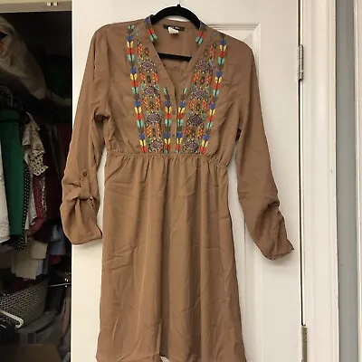 West 36th Embroidered Dress L Brown Button Shirt Dress. Aztec Fall Boho • $13