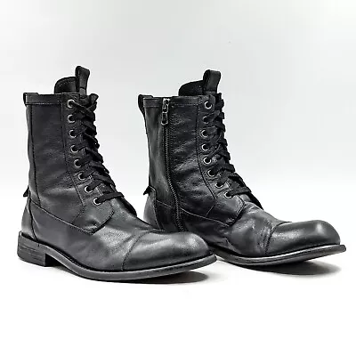 John Varvatos Men Black Leather Pull Tab Lace Up Combat Boots Size 8.5 • $189
