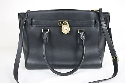 MICHAEL KORS Hamilton Black Leather Gold Lock & Key Satchel Purse Bag • $89.99