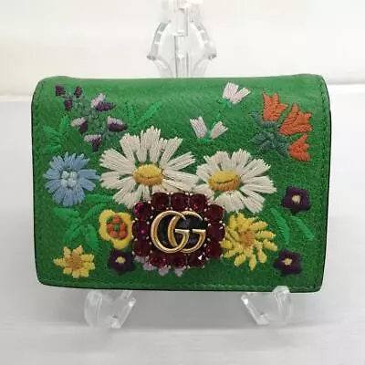 Gucci Floral Embroidery Crystal GG Marmont Bifold Wallet Green Compact • $418