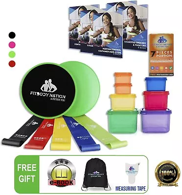 New FIT BODY NATION Fitness SET Resistance Bands Core Sliders Portion Containers • $22.49