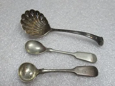 Lot77 - Antique Silver Plated SALT Or MUSTARD SPOONS + SUGAR SIFTER LADLE • £6