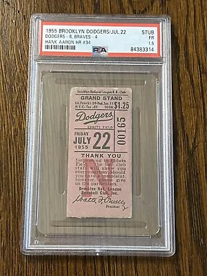 Rare Hank Aaron Braves Home Run HR #34 Ticket Stub PSA 1.5 7/22/55 1955 Brooklyn • $799.99