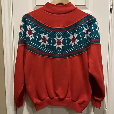 Vintage 80s Ugly Christmas Sweater Red Sweatshirt Medium Knitted Poinsettia Trim • $18.99