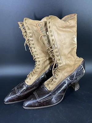 Antique Victorian Two Tone Tan & Black Leather High Top Lace-Up Boots • $84.99