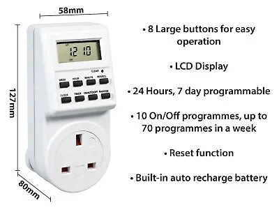 Eagle 13A Mains Plug-In 12/24 Hour 7 Days Weekly Digital Programmable Timer Plug • £8.99