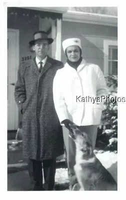 Found B&w Photo G_8044 Man Woman And Dog Standing In Front Of House Snow • $6.98